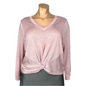 1 State Womens Plus V Neck Twist Front Sweater Metallic Blush Long Sleeve sz 3X